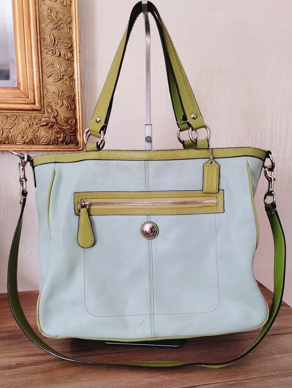 Coach Light Blue and Lime Green Leather Shoulder Tote Bag (Project Bag)